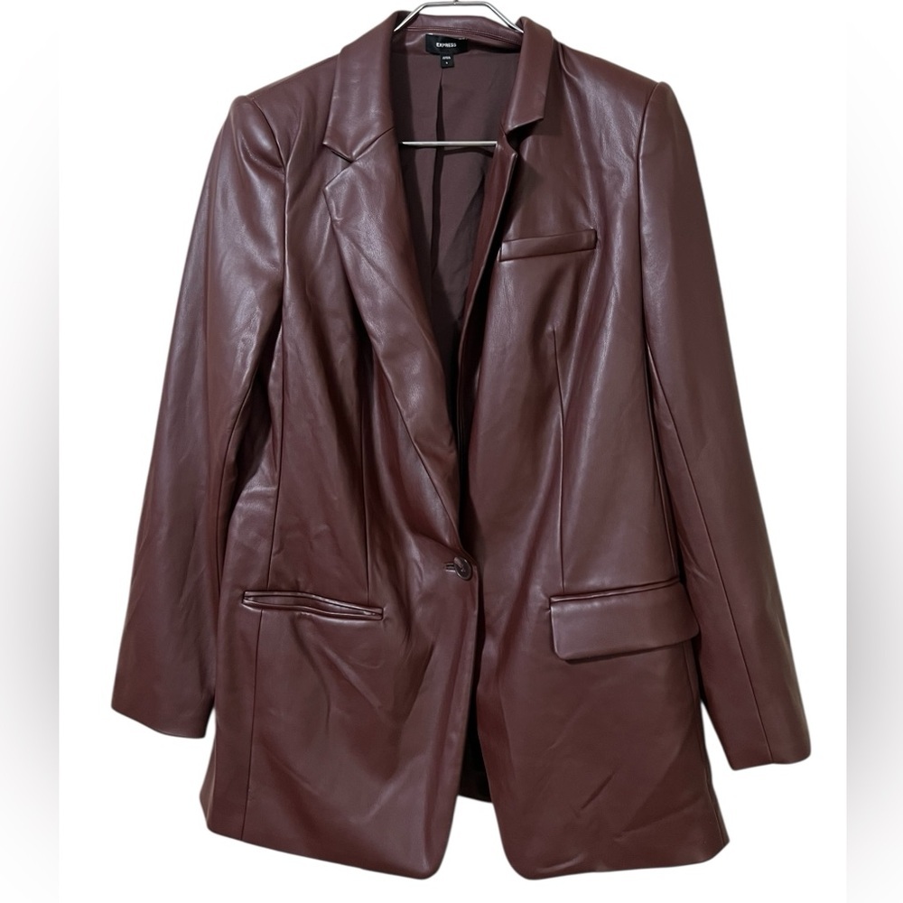 Express NWT chocolate brown faux leather cinched one button boyfriend blazer - Picture 5 of 16